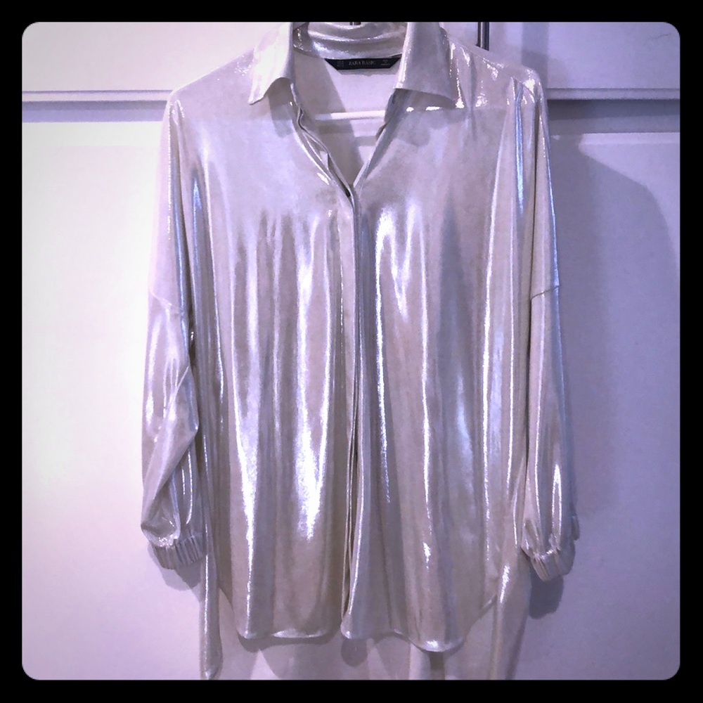 Zara Metallic Silver Button Up Sz M Never Worn